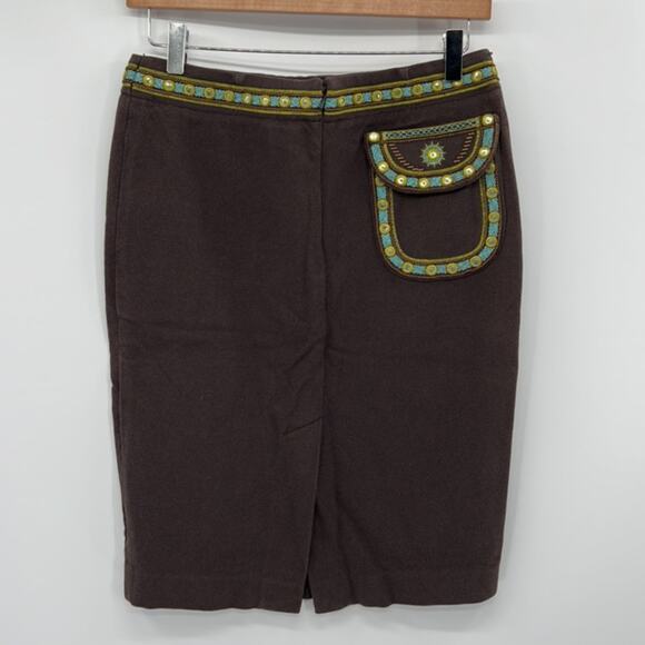 Tory Burch Silk Blend Pencil Skirt - Brown with blue & green accents - 2 - Picture 1 of 11